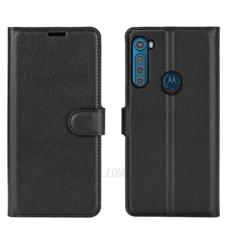 Litchi Texture Leather Wallet Cell Phone Protective Case for Motorola Moto One Fusion Plus - Black-4