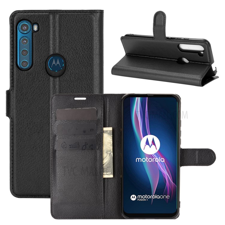 Litchi Texture Leather Wallet Cell Phone Protective Case for Motorola Moto One Fusion Plus - Black-5