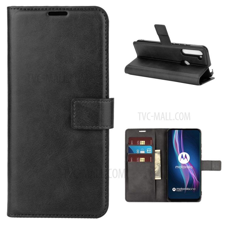 PU Leather Wallet Stand Phone Protective Shell for Motorola Moto One Fusion Plus - Black-1