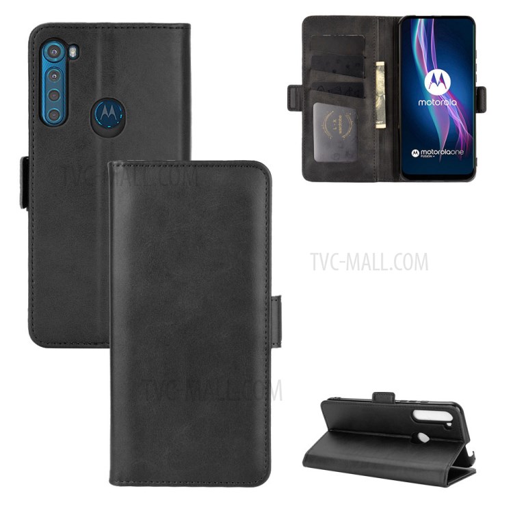 Magnetic Double Clasp Leather Wallet Stand Cover for Motorola Moto One Fusion Plus - Black-1