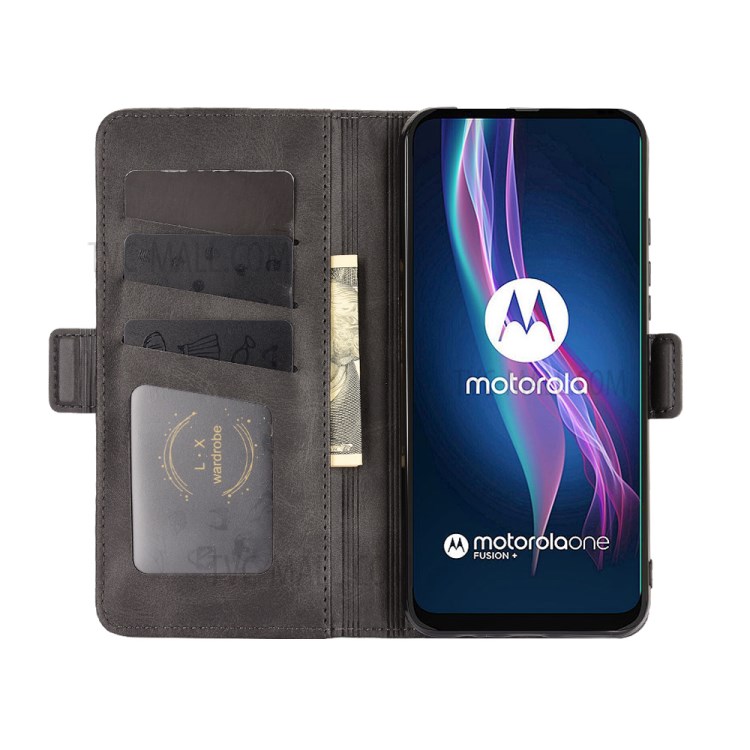 Magnetic Double Clasp Leather Wallet Stand Cover for Motorola Moto One Fusion Plus - Black-5