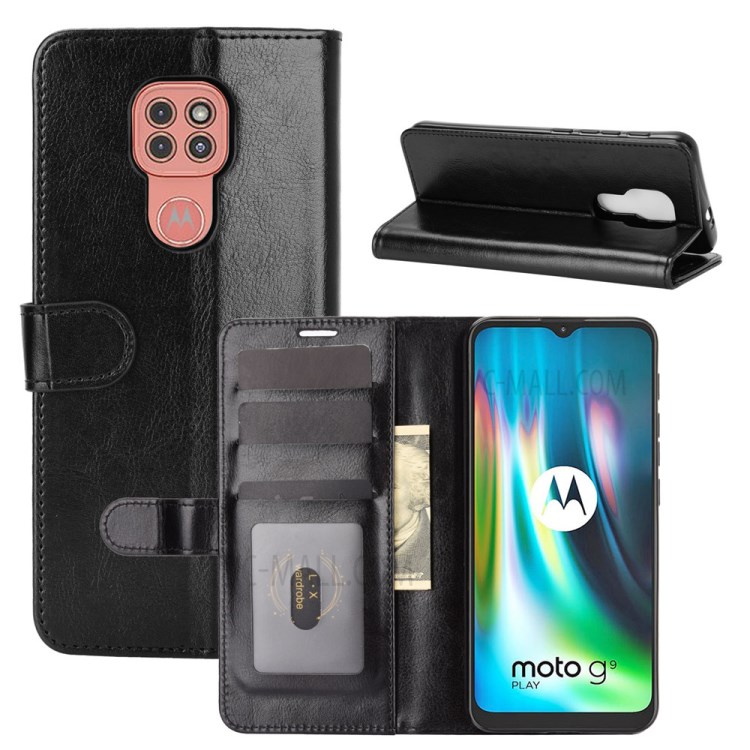 Crazy Horse Texture Leather Shell with Wallet Case for Motorola Moto G9 Play - Black-8