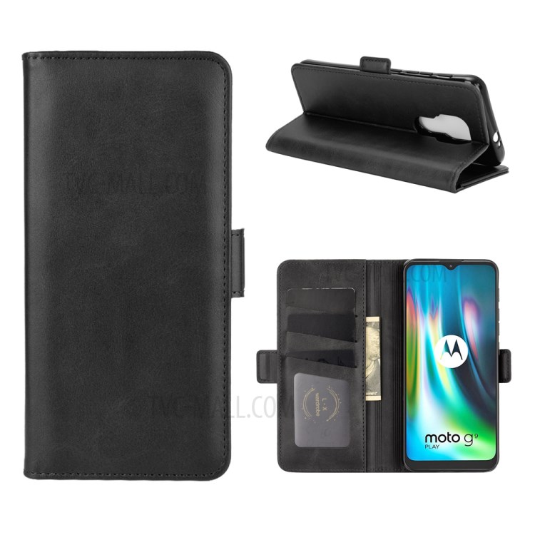 Double Clasp Flip Leather Wallet Stand Phone Cover for Motorola Moto G9 Play - Black-1