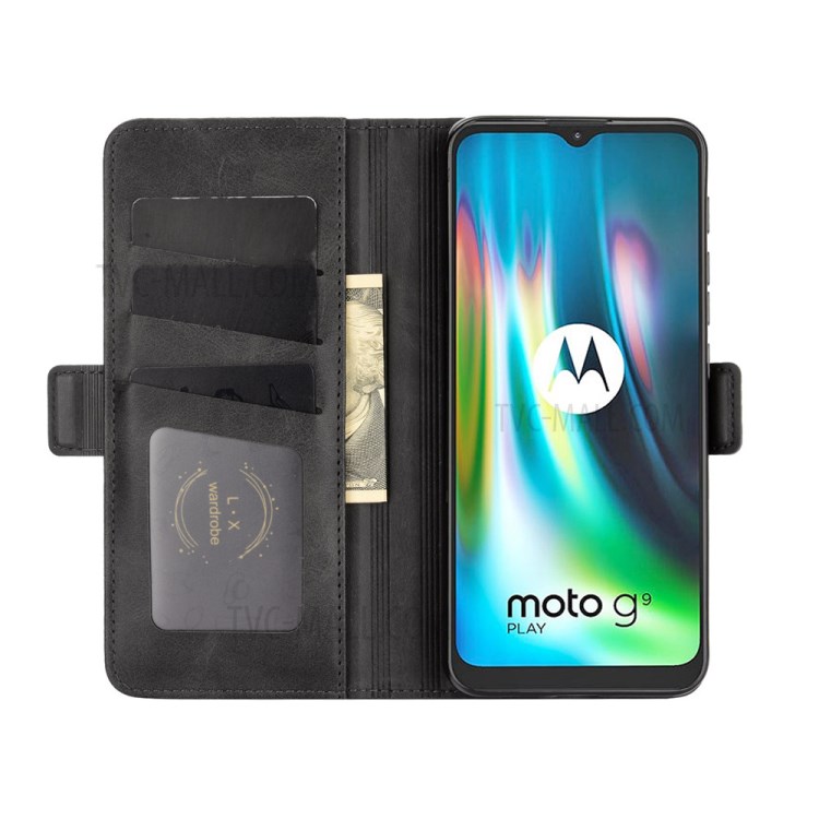 Double Clasp Flip Leather Wallet Stand Phone Cover for Motorola Moto G9 Play - Black-3