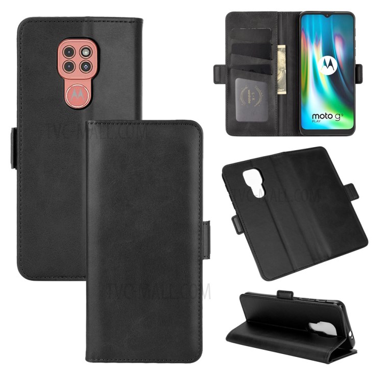 Double Clasp Flip Leather Wallet Stand Phone Cover for Motorola Moto G9 Play - Black-5