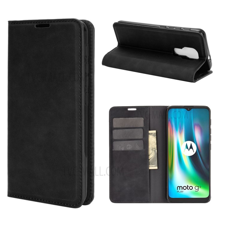 Silky Touch Leather Wallet Stand Cover Case for Motorola Moto G9 Play - Black-1