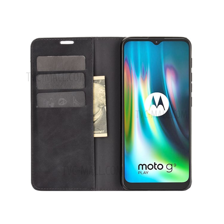 Silky Touch Leather Wallet Stand Cover Case for Motorola Moto G9 Play - Black-3