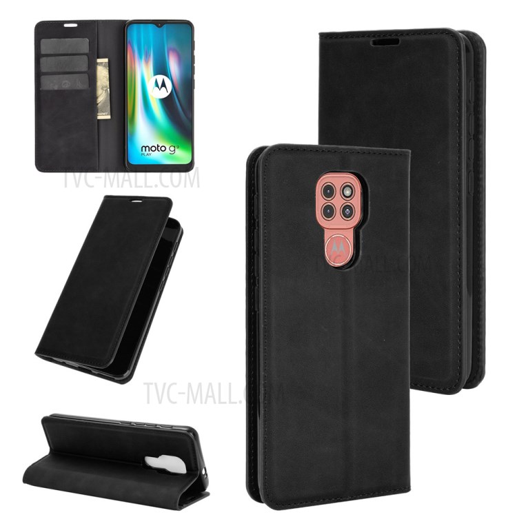 Silky Touch Leather Wallet Stand Cover Case for Motorola Moto G9 Play - Black-8