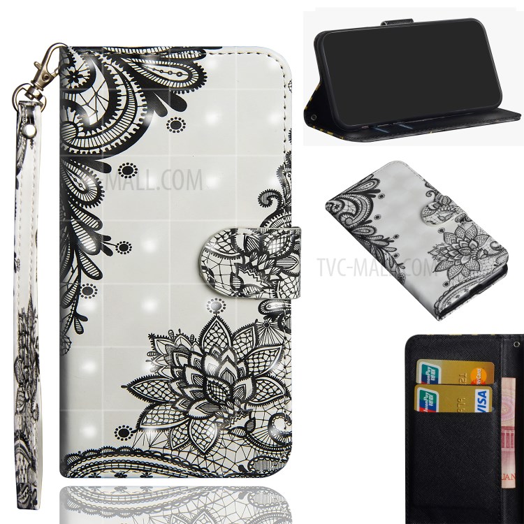 Light Spot Decor Patterned Leather Wallet Case Cover for Motorola One Hyper - Black Flower-1