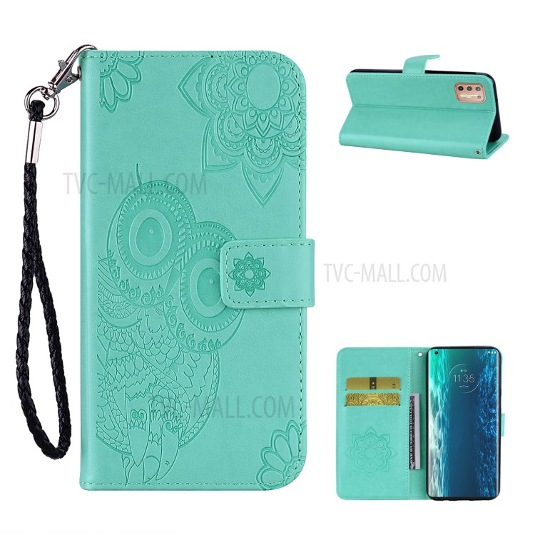 Imprint Owl Flower Leather Wallet Stand Shell for Motorola Moto G9 Plus - Cyan-1