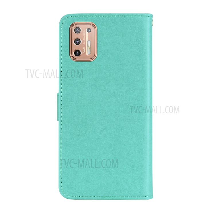 Imprint Owl Flower Leather Wallet Stand Shell for Motorola Moto G9 Plus - Cyan-4