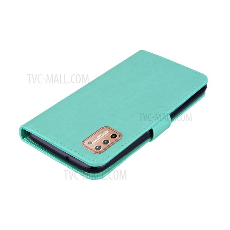 Imprint Owl Flower Leather Wallet Stand Shell for Motorola Moto G9 Plus - Cyan-5
