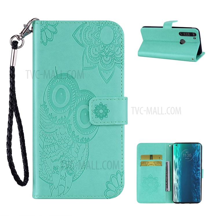 Imprint Owl Flower Leather Wallet Stand Protective Shell for Motorola Edge - Cyan-1