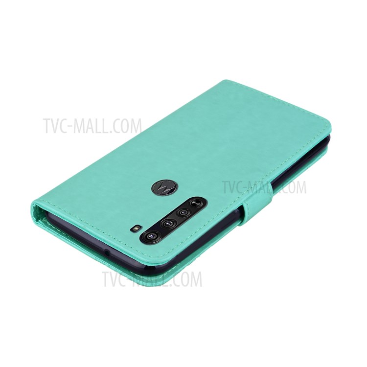 Imprint Owl Flower Leather Wallet Stand Protective Shell for Motorola Edge - Cyan-5