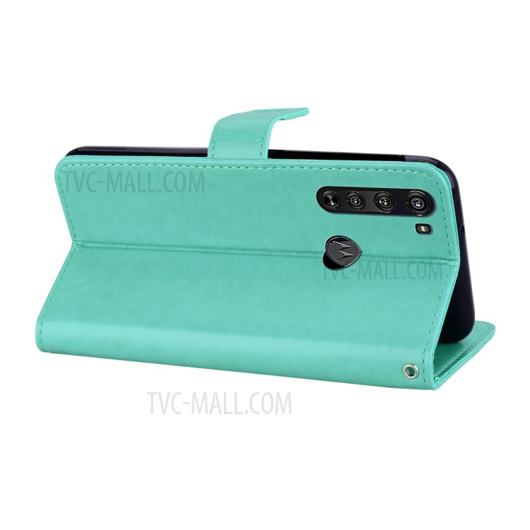 Imprint Owl Flower Leather Wallet Stand Protective Shell for Motorola Edge - Cyan-6