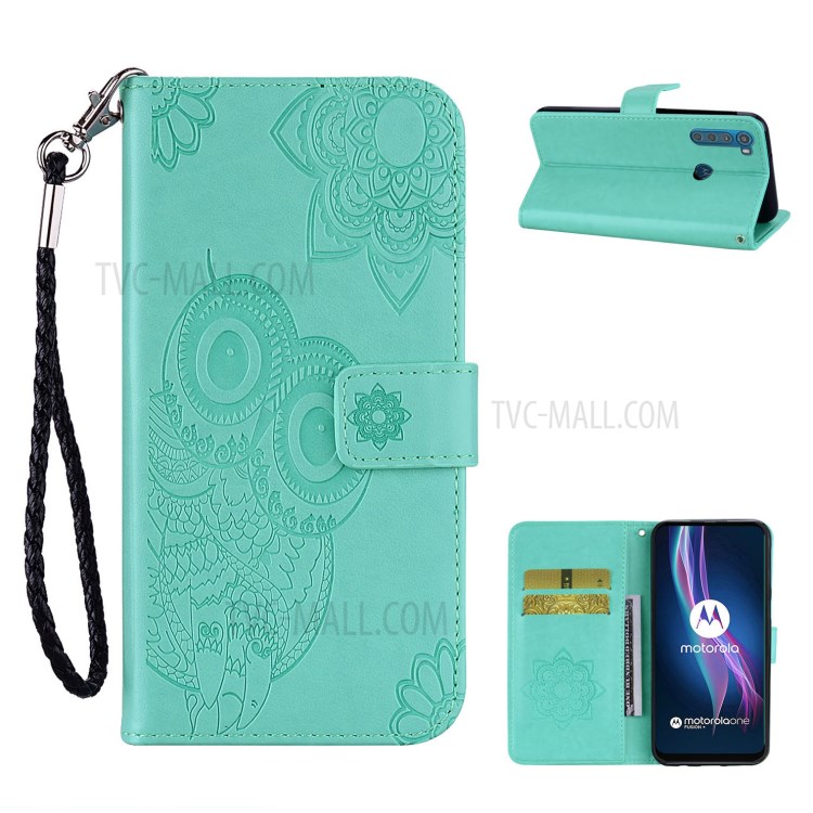 Imprint Owl Flower Leather Wallet Stand Shell for Motorola Moto One Fusion Plus - Cyan-1
