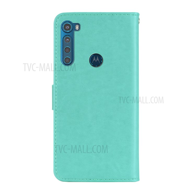Imprint Owl Flower Leather Wallet Stand Shell for Motorola Moto One Fusion Plus - Cyan-4