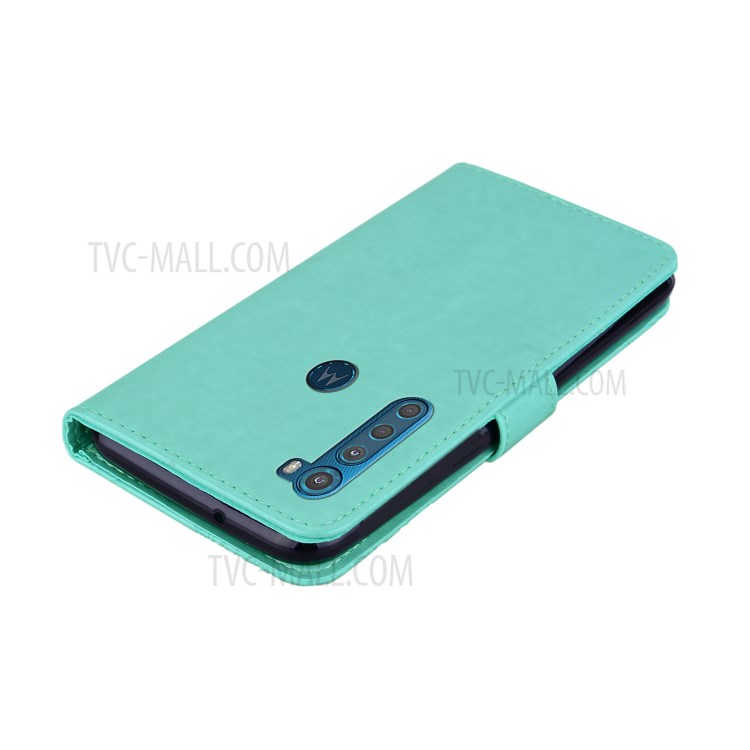 Imprint Owl Flower Leather Wallet Stand Shell for Motorola Moto One Fusion Plus - Cyan-5