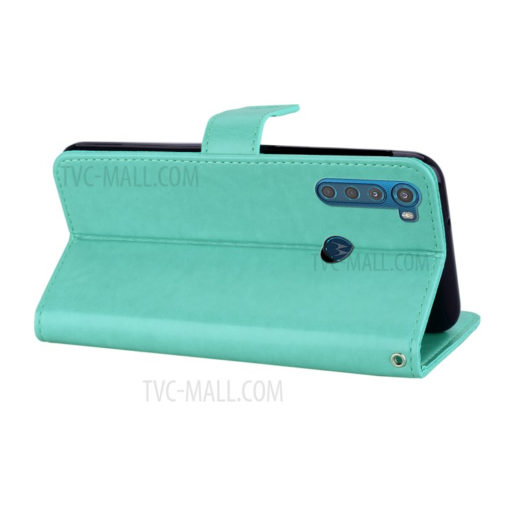 Imprint Owl Flower Leather Wallet Stand Shell for Motorola Moto One Fusion Plus - Cyan-6