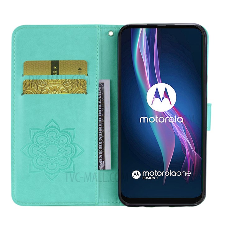 Imprint Owl Flower Leather Wallet Stand Shell for Motorola Moto One Fusion Plus - Cyan-7