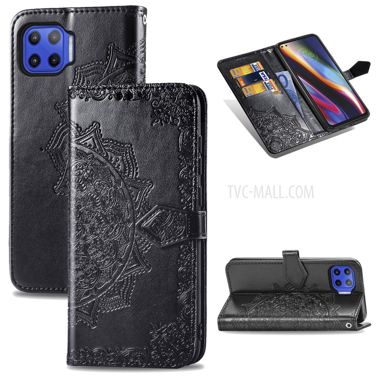 Embossed Mandala Flower Wallet Leather Shell for Motorola Moto G 5G Plus - Black-1
