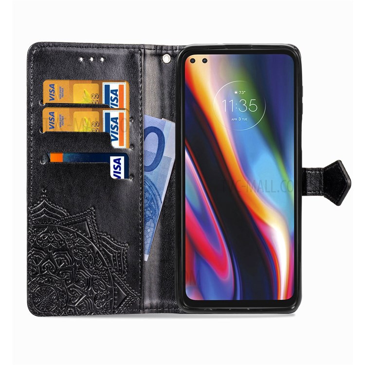 Embossed Mandala Flower Wallet Leather Shell for Motorola Moto G 5G Plus - Black-5