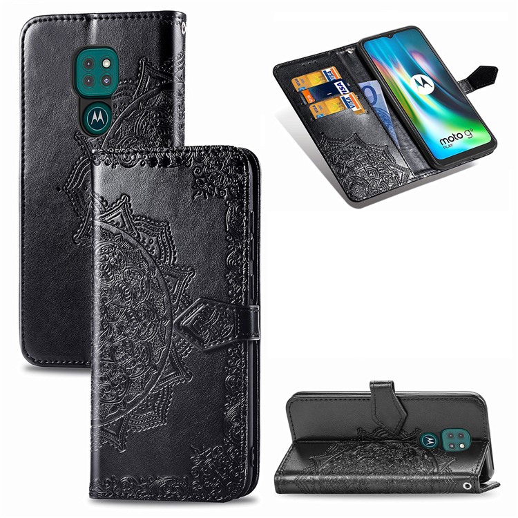 Embossed Mandala Flower Wallet Leather Cover for Motorola Moto G9 Play - Black-1
