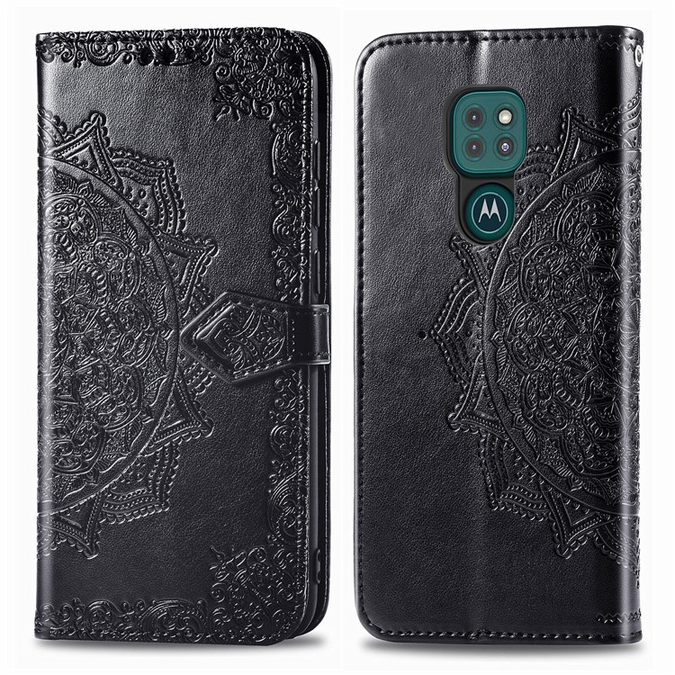 Embossed Mandala Flower Wallet Leather Cover for Motorola Moto G9 Play - Black-3