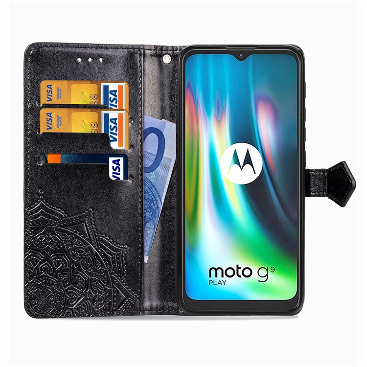 Embossed Mandala Flower Wallet Leather Cover for Motorola Moto G9 Play - Black-6