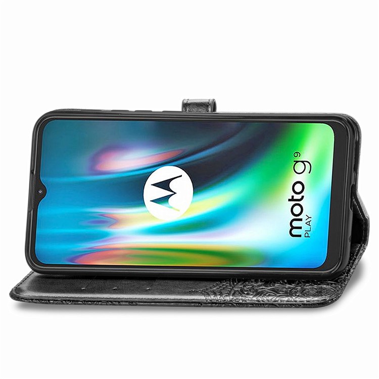 Embossed Mandala Flower Wallet Leather Cover for Motorola Moto G9 Play - Black-7
