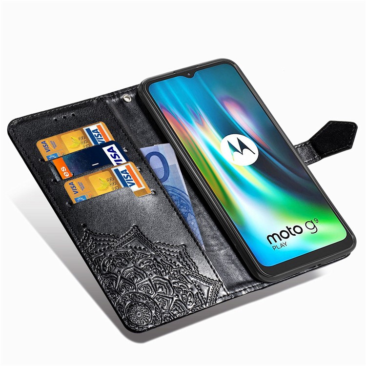 Embossed Mandala Flower Wallet Leather Cover for Motorola Moto G9 Play - Black-9