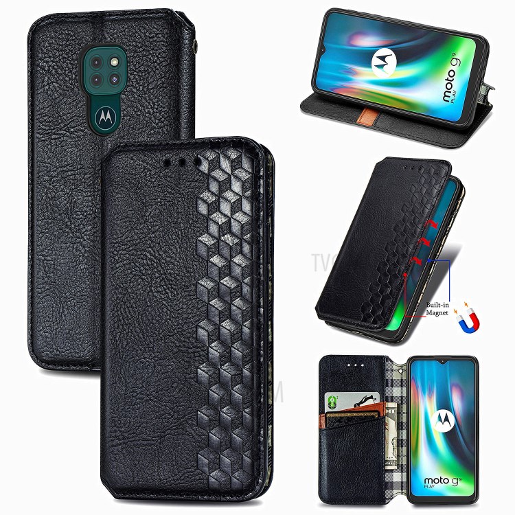 Auto-absorbed Diamond Texture PU Leather Shell for Motorola Moto G9 Play Phone Cover - Black-1