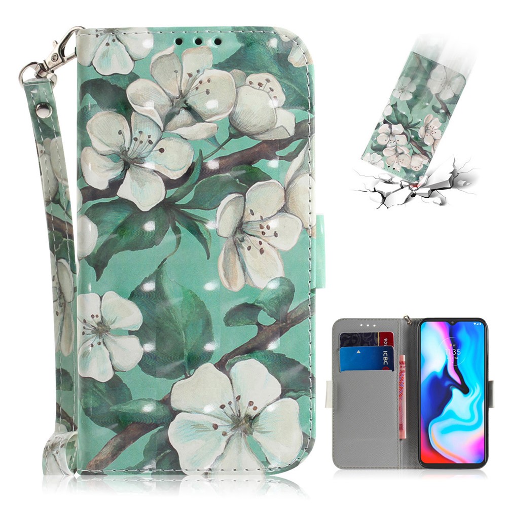 Light Spot Decor Pattern Printing Wallet Stand Flip Leather Case with Strap for Motorola Moto G9 Play/E7 Plus/G9 (India) - White Flowers-1