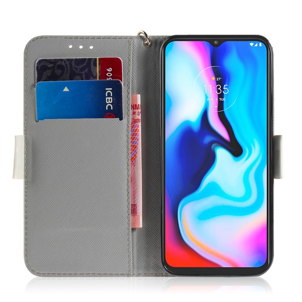 Light Spot Decor Pattern Printing Wallet Stand Flip Leather Case with Strap for Motorola Moto G9 Play/E7 Plus/G9 (India) - White Flowers-6
