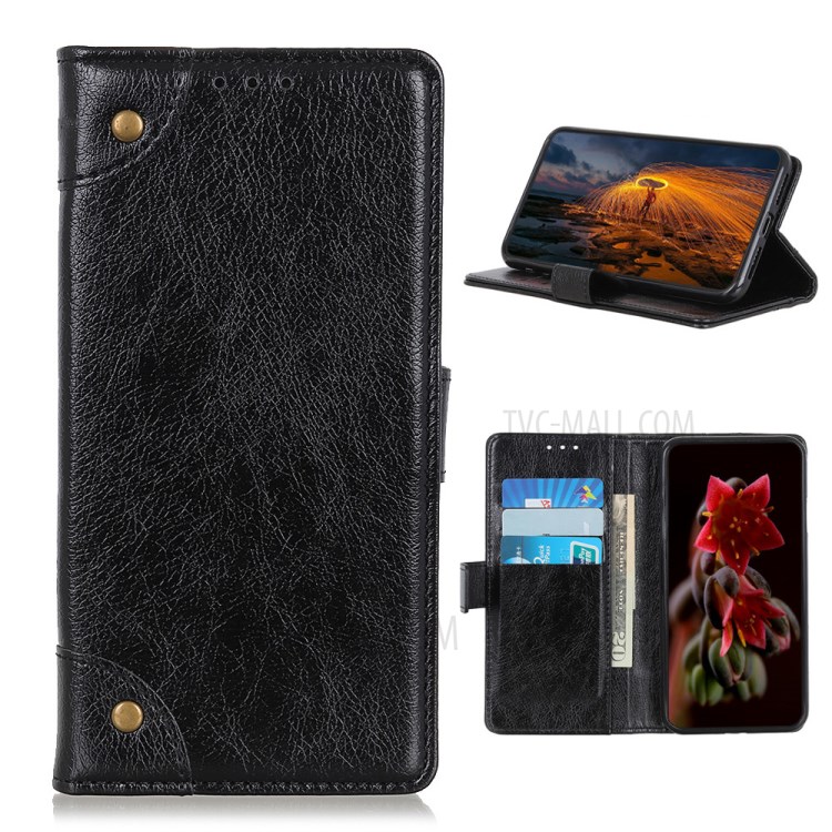 Brass Buckle Nappa Texture Leather Phone Cover Shell for Motorola Moto G9 Plus - Black-1