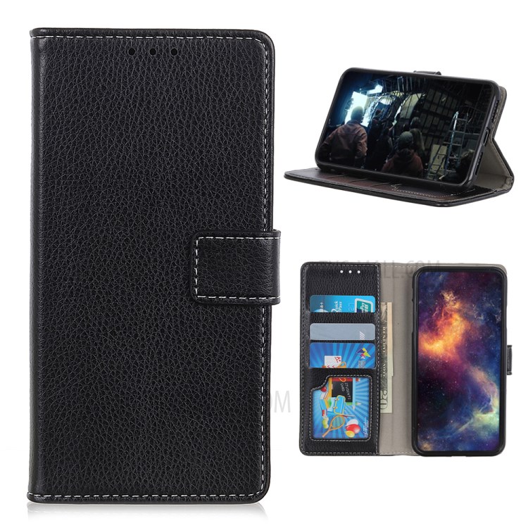 Litchi Texture Soft Leather Wallet Phone Cover Case for Motorola Moto G9 Plus - Black-1
