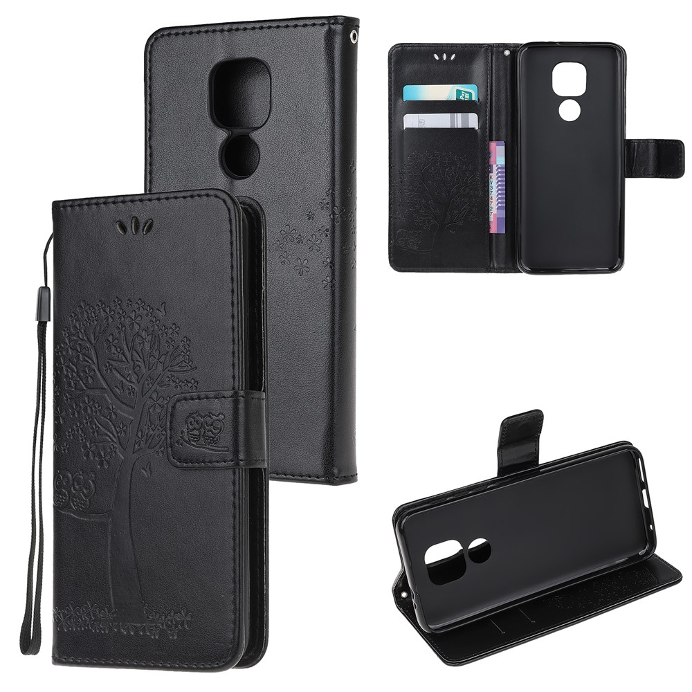 Stylish Imprint Tree and Owls Wallet Leather Phone Protector for Motorola Moto G9 Play / Moto E7 Plus - Black-5