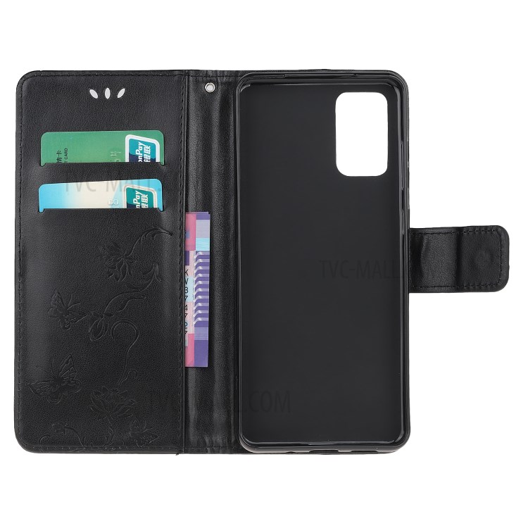 Imprint Butterfly Flower Wallet Leather Cell Phone Case for Motorola Moto G9 Plus - Black-5