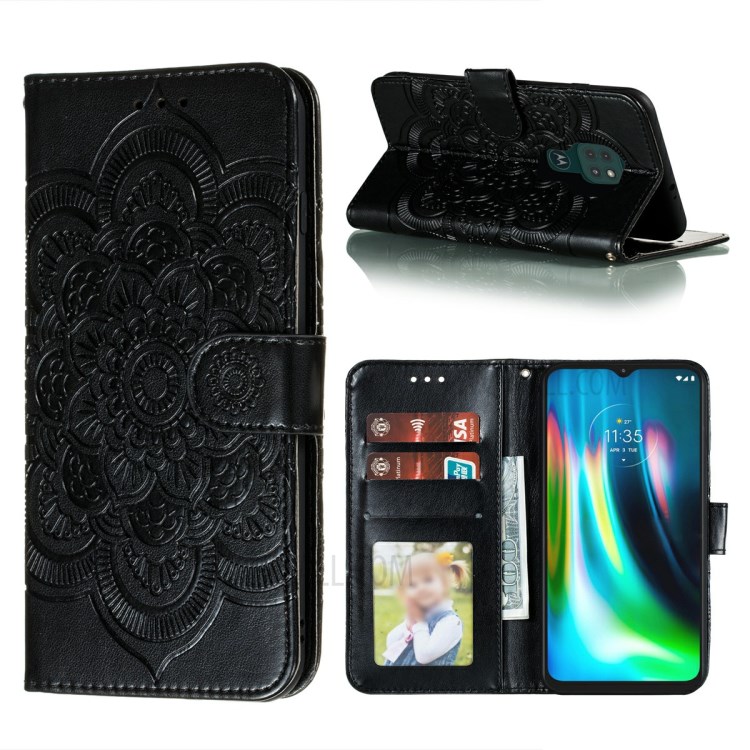 Imprint Mandala Flower Leather Protective Cover for Motorola Moto G9 Play - Black-1