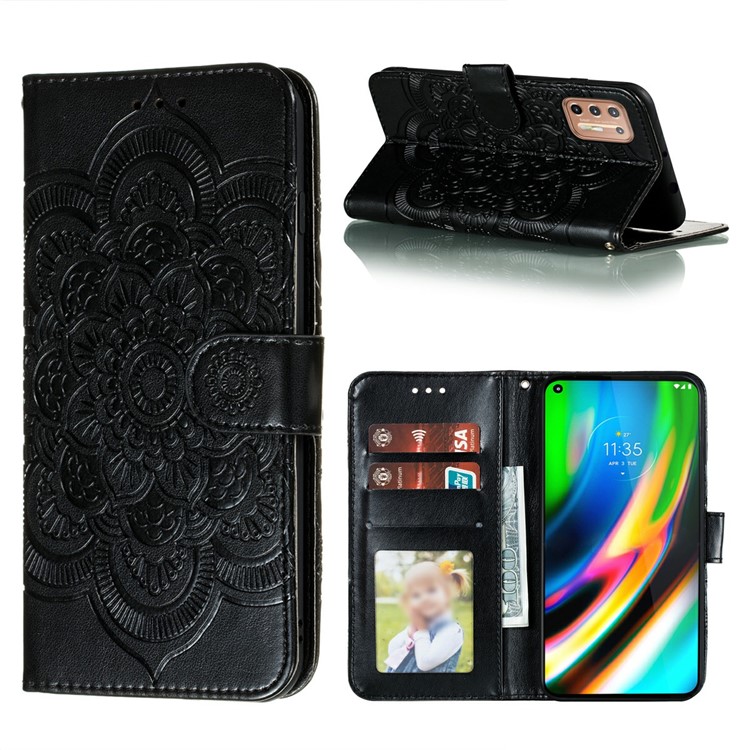 Imprint Mandala Flower Leather Protective Cover for Motorola Moto G9 Plus - Black-1