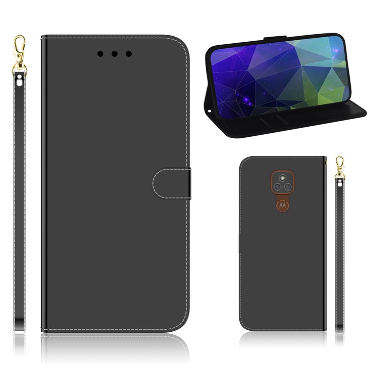 Mirror-like Surface Wallet Stand Leather Case for Motorola Moto G9 Play / Moto E7 Plus - Black-1
