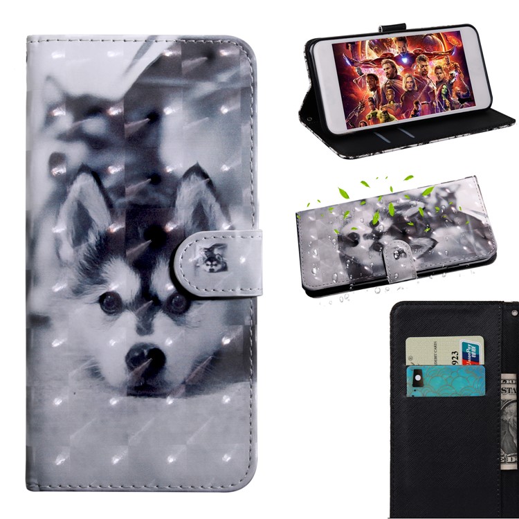 Pattern Printing Leather Wallet Stand Phone Protective Case with Strap for Motorola Moto G9 Play - Husky-1