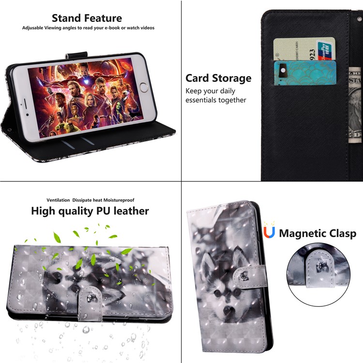 Pattern Printing Leather Wallet Stand Phone Protective Case with Strap for Motorola Moto G9 Play - Husky-7