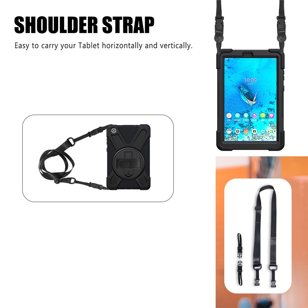 360 ° PC Giratória + Silicone Kickstand Tablet Case Com Faixa De Mão E Alça De Ombro Para Lenovo Tab M8 8 "TB-8505F / 8505X - Preto-2