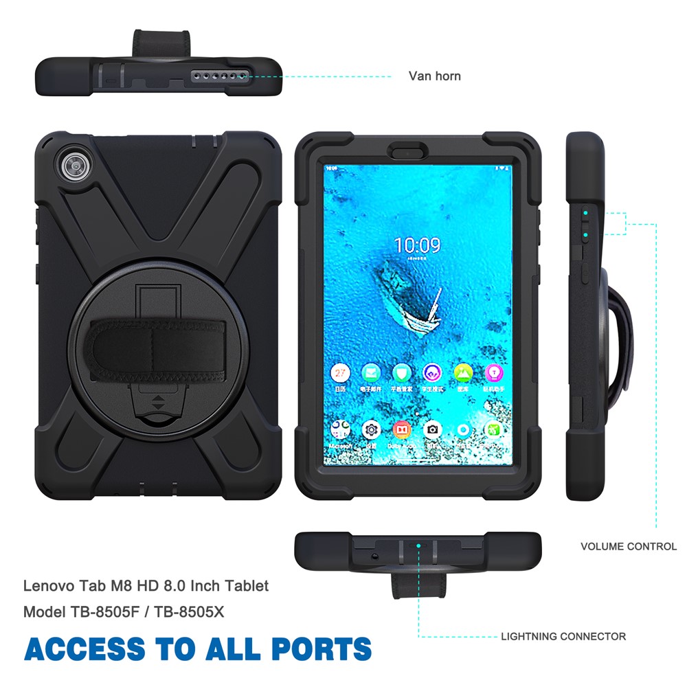 360° Swivel PC + Silicone Kickstand Tablet Case with Pen Slot Hand Band for Lenovo Tab M8 8" TB-8505F/8505X 2019 - Black-10