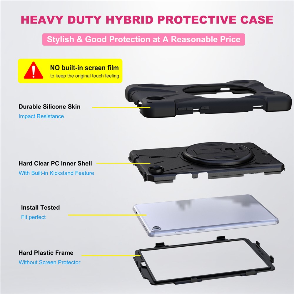 360° Swivel PC + Silicone Kickstand Tablet Case with Pen Slot Hand Band for Lenovo Tab M8 8" TB-8505F/8505X 2019 - Black-7
