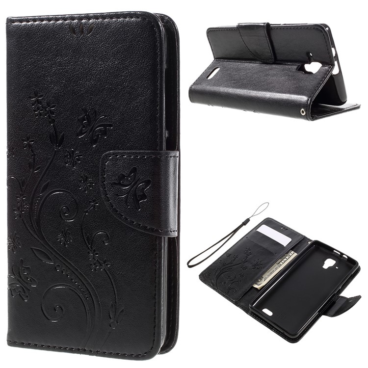 Imprint Flower Butterfly Leather Wallet Case for Lenovo A536 - Black-1