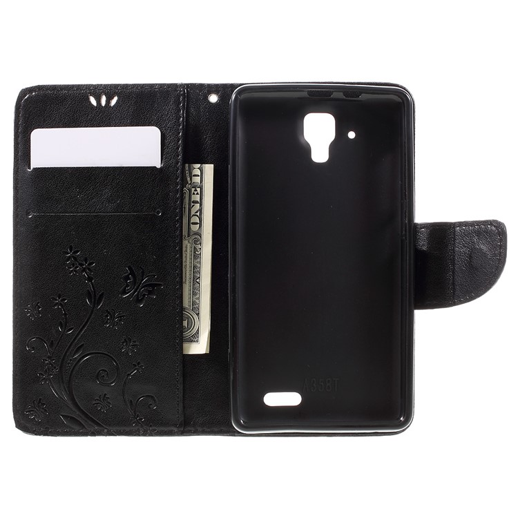 Imprint Flower Butterfly Leather Wallet Case for Lenovo A536 - Black-6