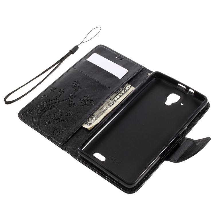 Imprint Flower Butterfly Leather Wallet Case for Lenovo A536 - Black-7