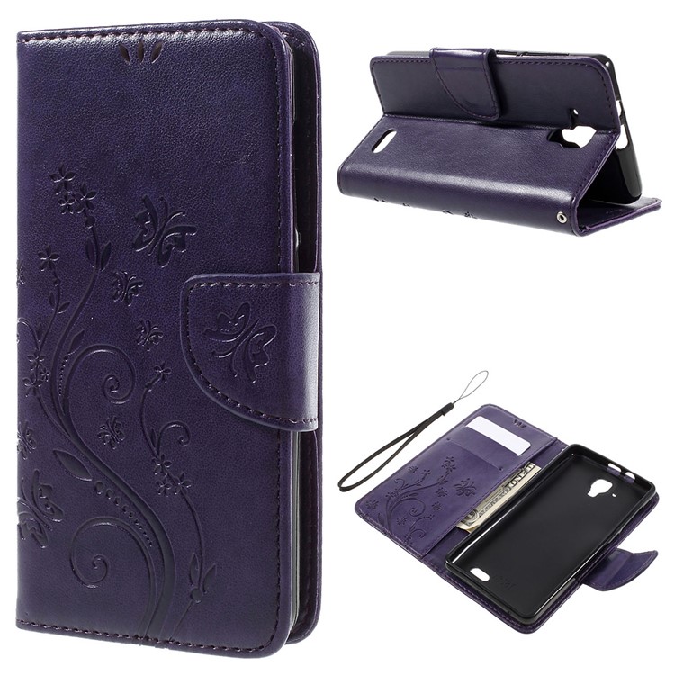 Imprint Flower Butterfly Flip Leather Phone Case for Lenovo A536 - Purple-1
